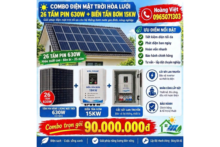 Combo - Biến Tần 15kw - 26 Tấm Pin 630W