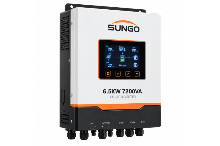 Biến Tần SUNGO 6.5KW 7200VA – Inverter Độc Lập Có Bù Lưới, Hỗ Trợ Pin Lưu Trữ